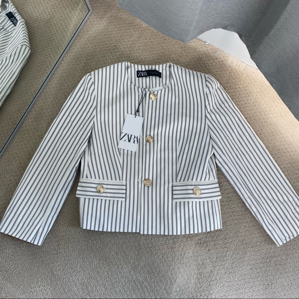 Zara Blazer White Navy Striped Cropped Blazer Gold Buttons Nautical NWT XS